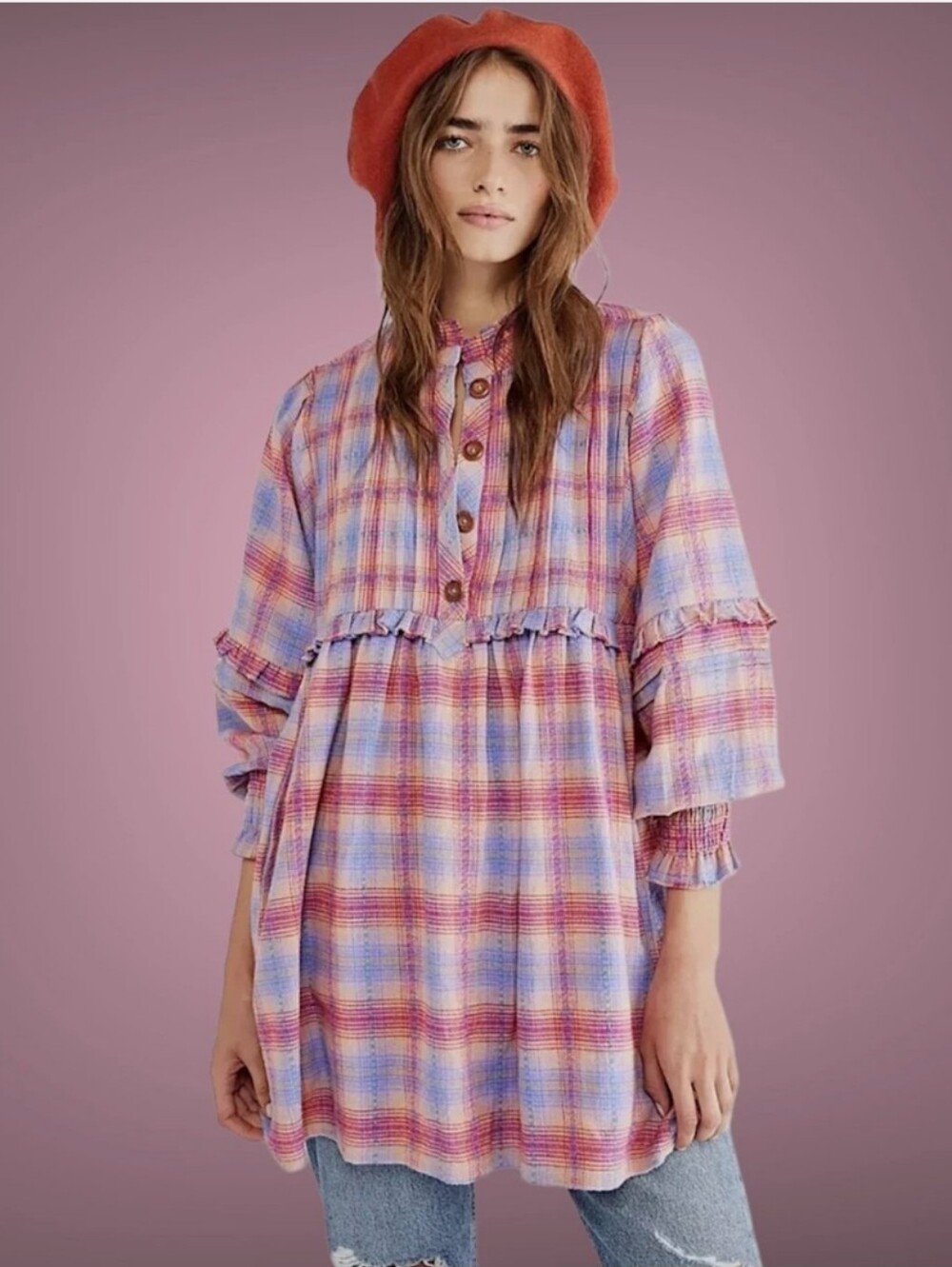 Free People Pink Lavender Plaid Ruffle Tunic Dress - Picture 1 of 8